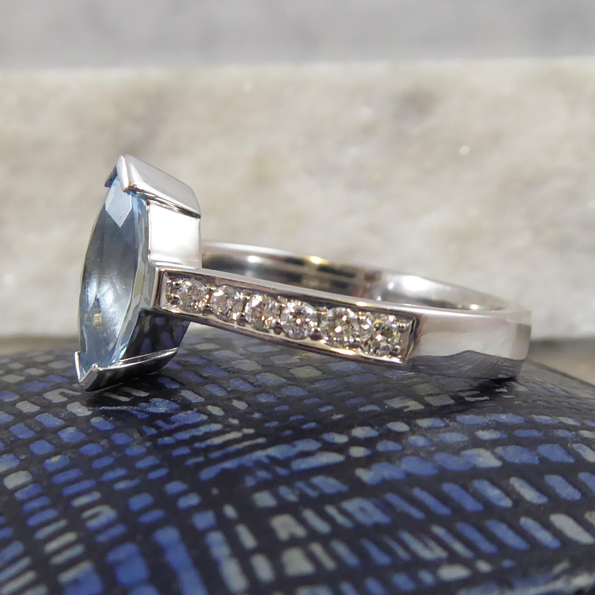 Modern Vintage 0.55 Carat Marquise Aquamarine Solitaire Ring Diamond Shoulders