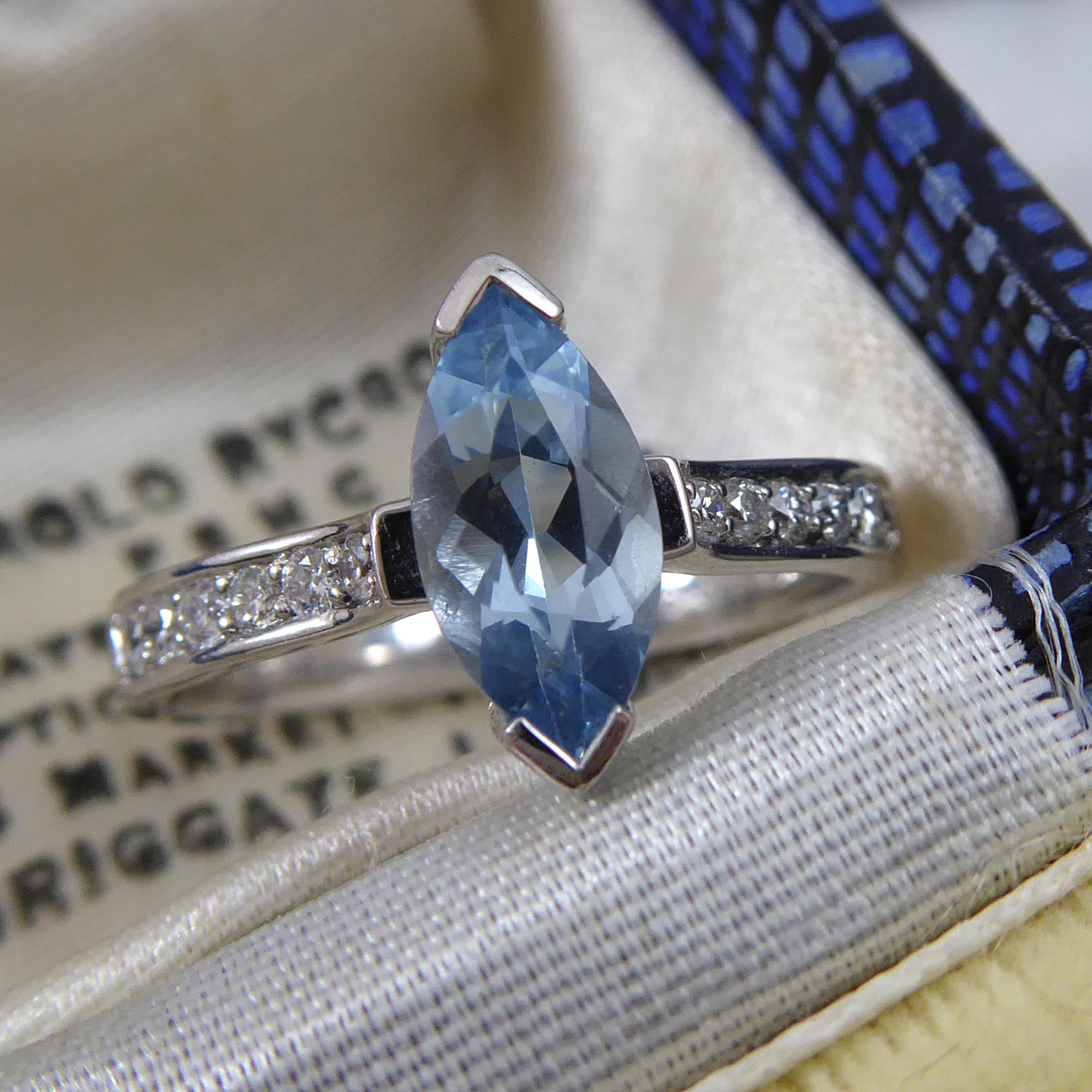 Marquise Cut Vintage 0.55 Carat Marquise Aquamarine Solitaire Ring Diamond Shoulders