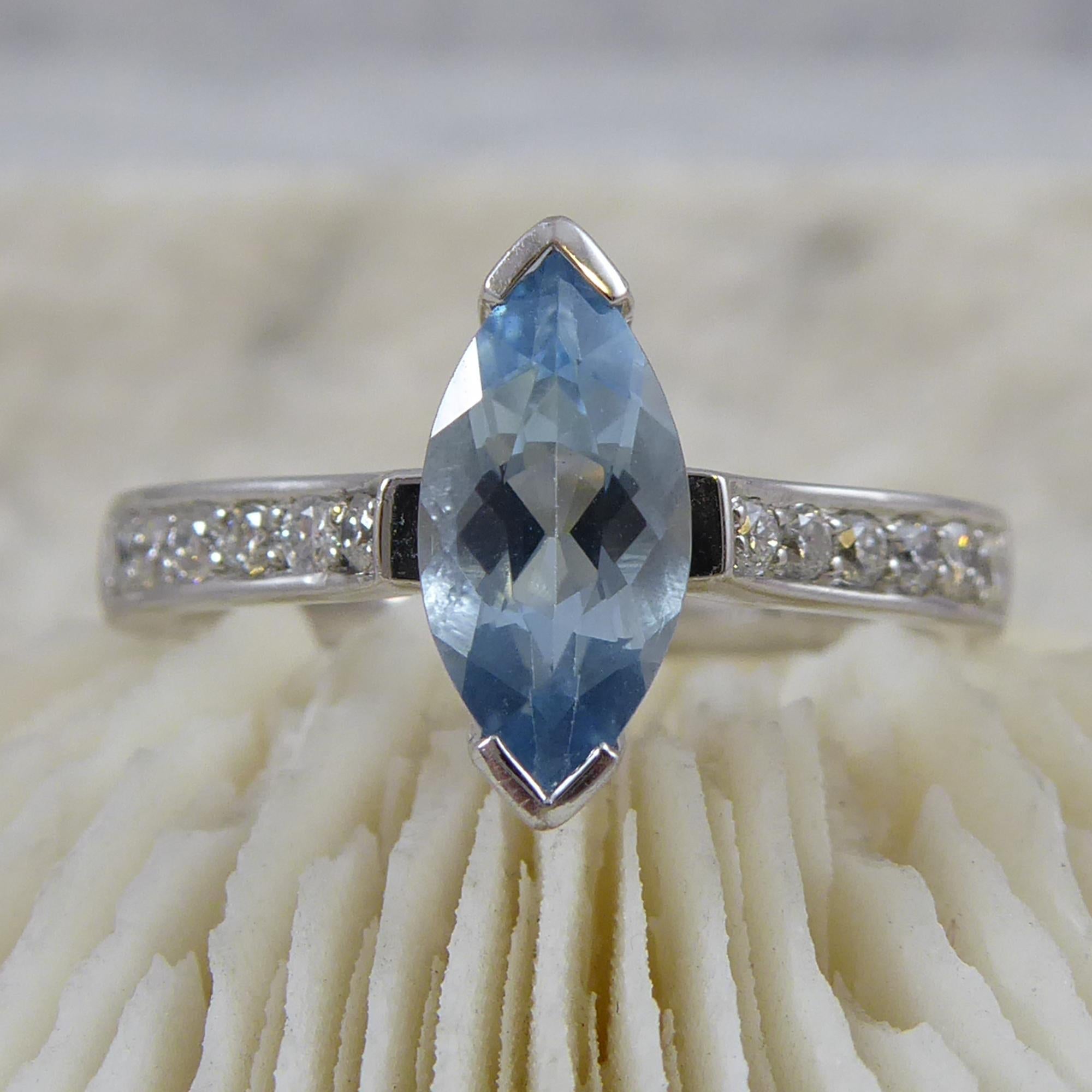 Vintage 0.55 Carat Marquise Aquamarine Solitaire Ring Diamond Shoulders 2
