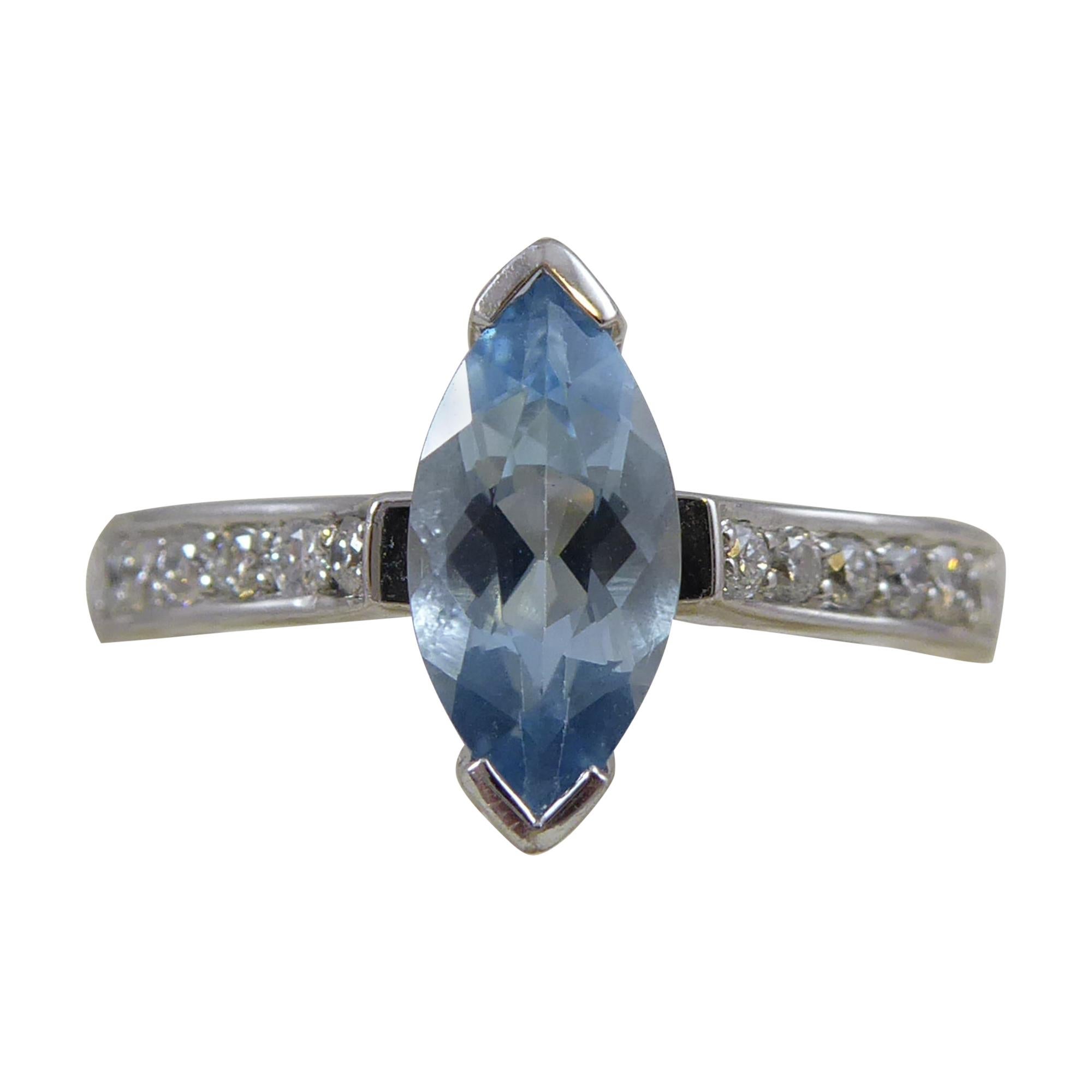 Vintage 0.55 Carat Marquise Aquamarine Solitaire Ring Diamond Shoulders