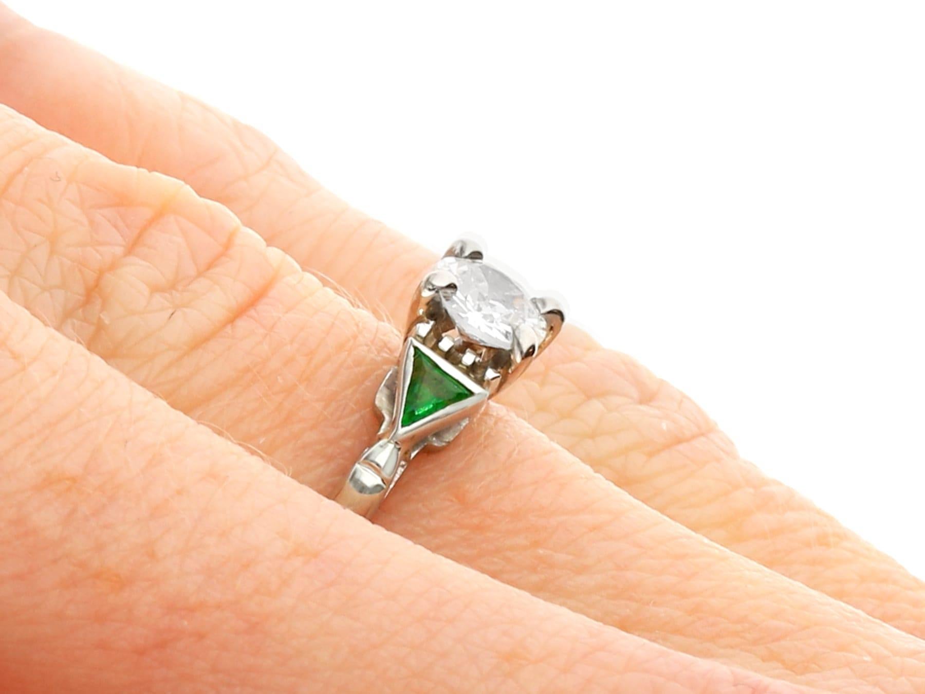 Vintage 0.55ct Diamond and 0.22ct Emerald 18k White Gold Trilogy Ring For Sale 1