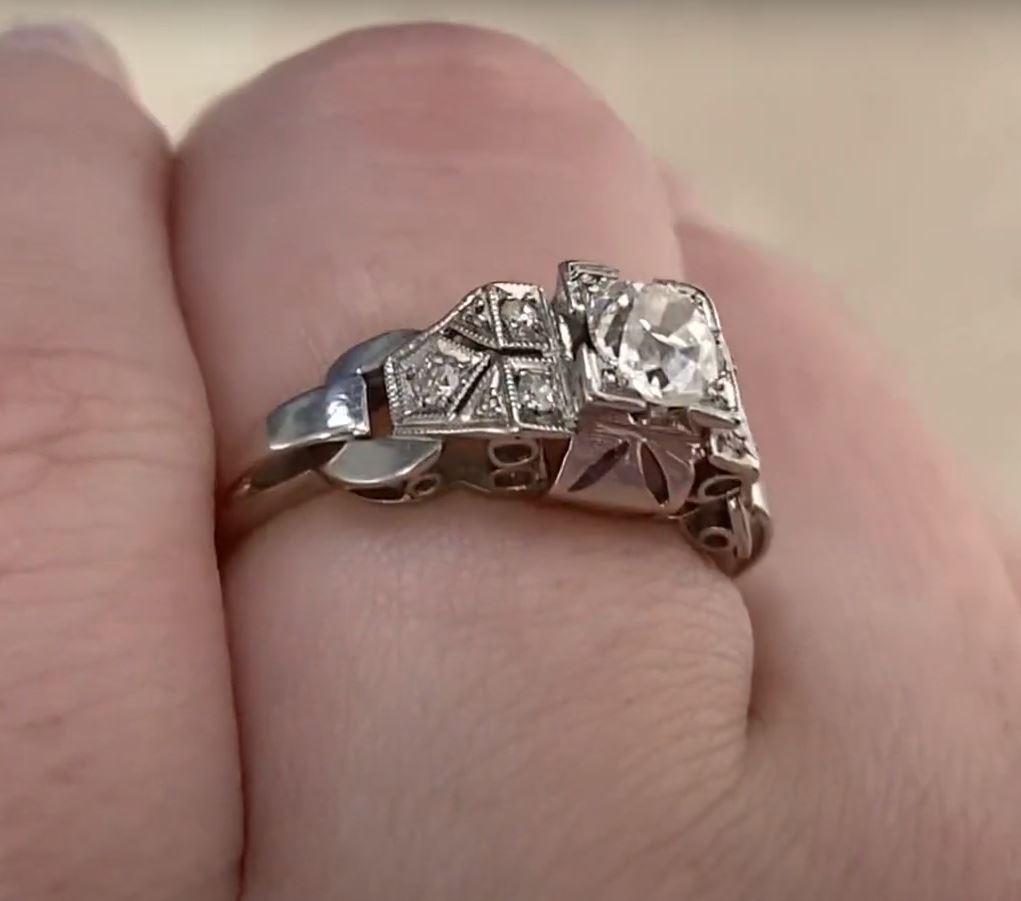 Women's Vintage 0.55ct Old Mine Cut Diamond Engagement Ring, I Color, Platinum For Sale
