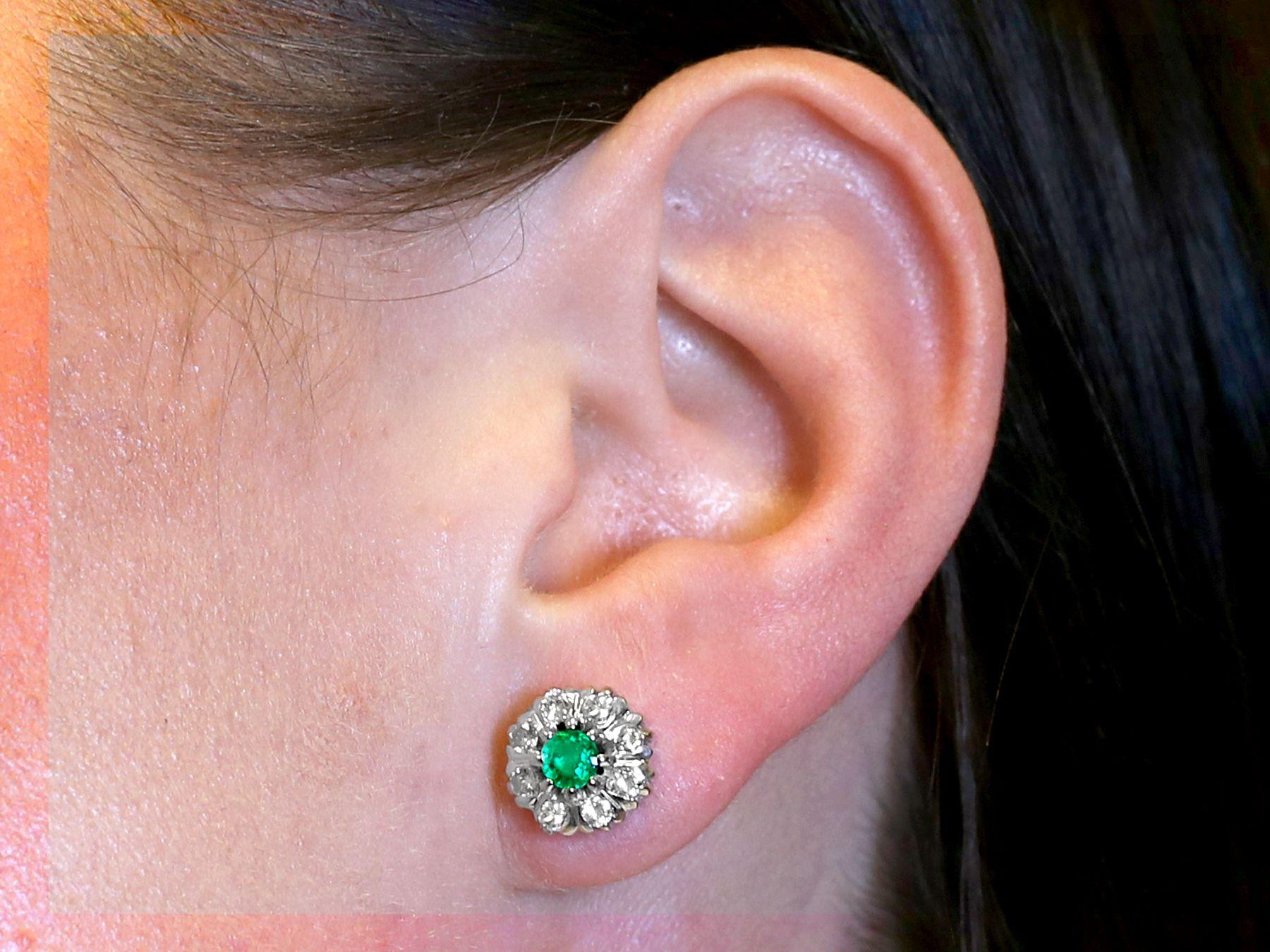 Women's or Men's Vintage 0.56 Carat Emerald and 0.65 Carat Diamond White Gold Cluster Earrings For Sale