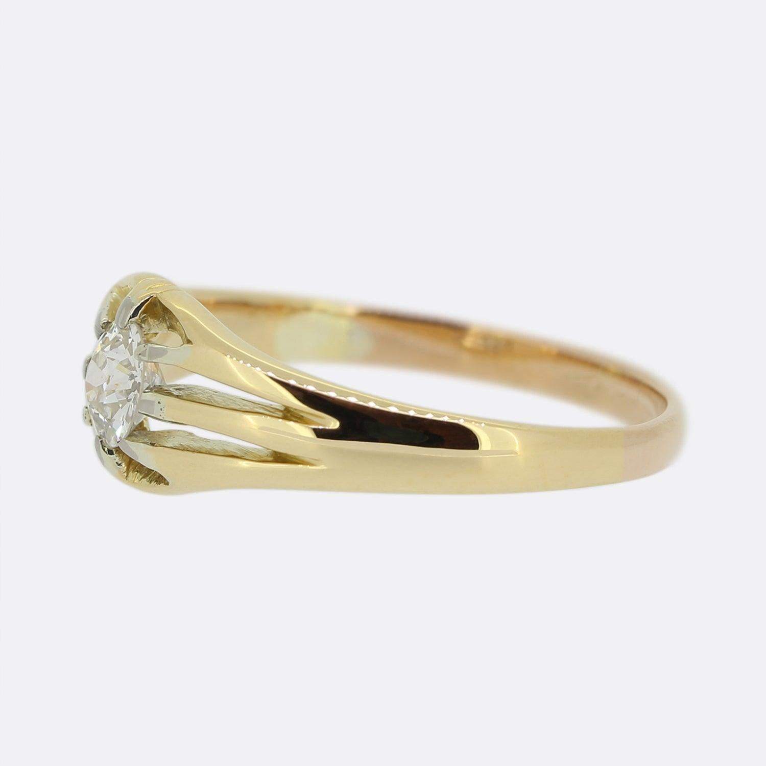 Here we have an 18ct yellow gold diamond gypsy ring. This vintage piece showcases a quality centralised round old cut diamond within an 8 clawed mount and open split shoulders. 

Condition: Used (Very Good)
Weight: 3.7 grams
Size: U
Band Width:
