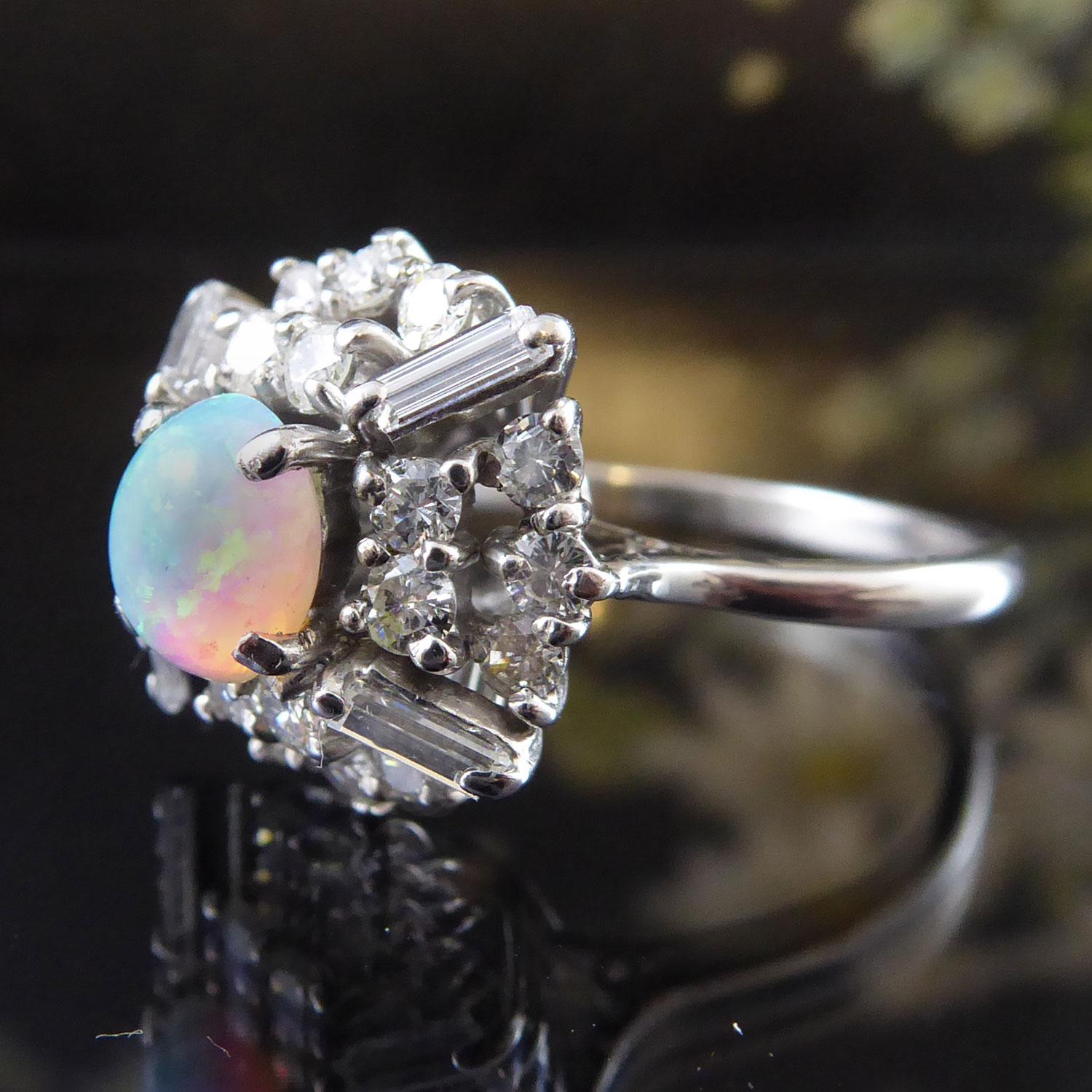 Modern Vintage 0.64 Carat Opal and Diamond Cluster Ring, White Gold, Mid-20th Century