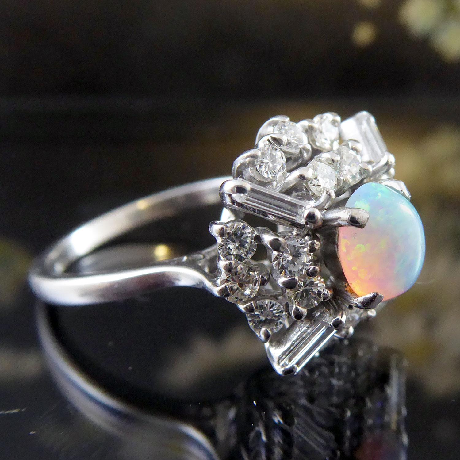Cabochon Vintage 0.64 Carat Opal and Diamond Cluster Ring, White Gold, Mid-20th Century