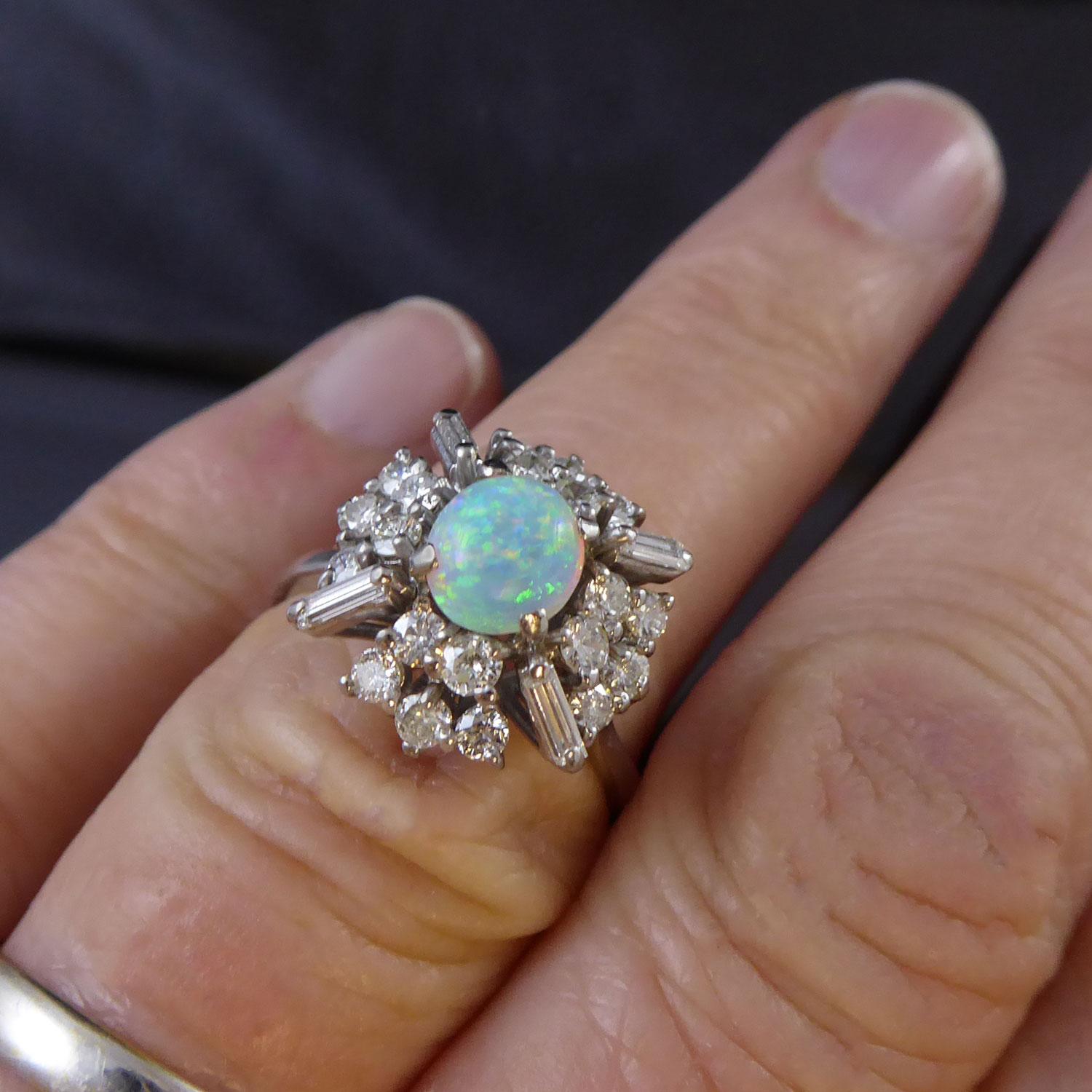 Vintage 0.64 Carat Opal and Diamond Cluster Ring, White Gold, Mid-20th Century In Good Condition In Yorkshire, West Yorkshire