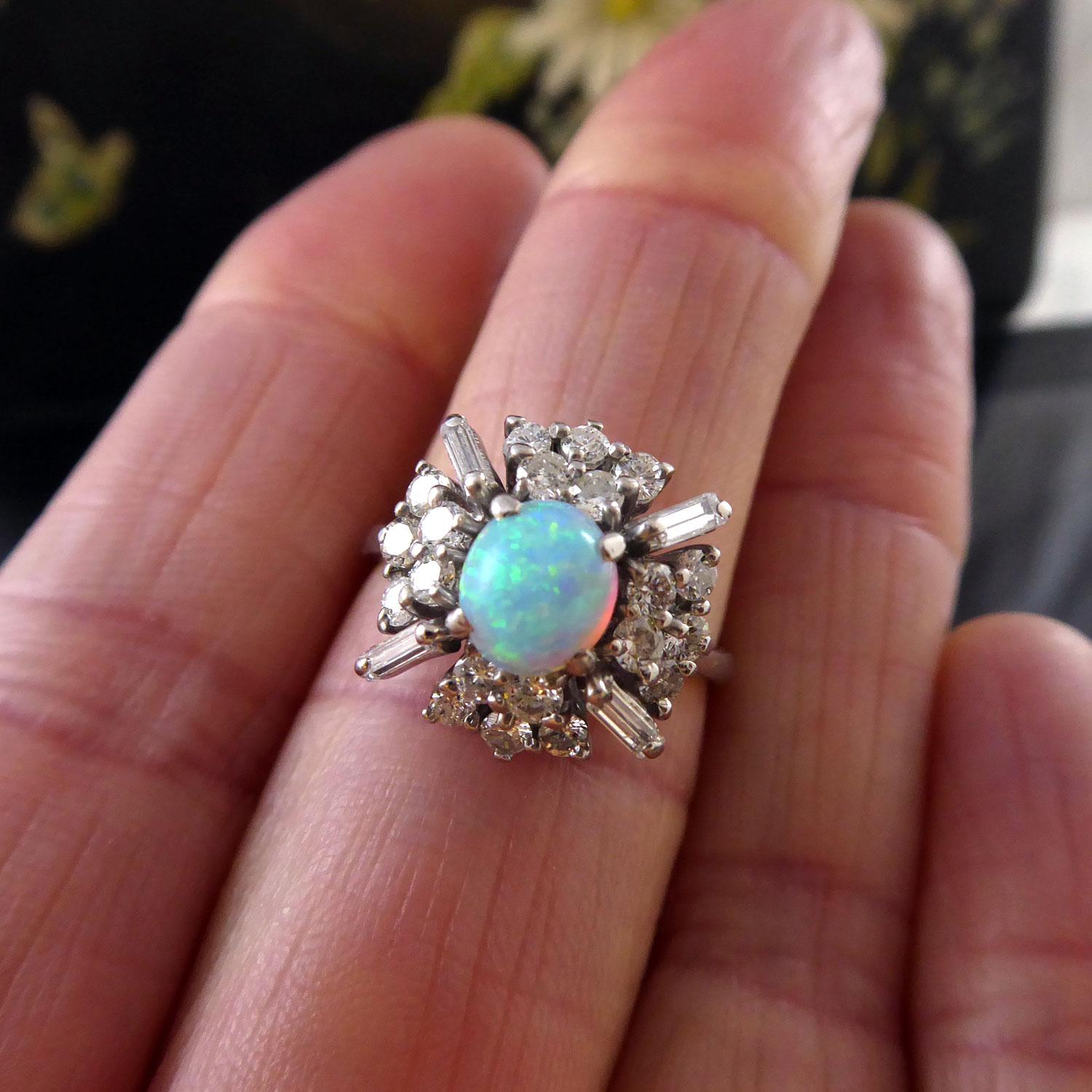 Women's Vintage 0.64 Carat Opal and Diamond Cluster Ring, White Gold, Mid-20th Century
