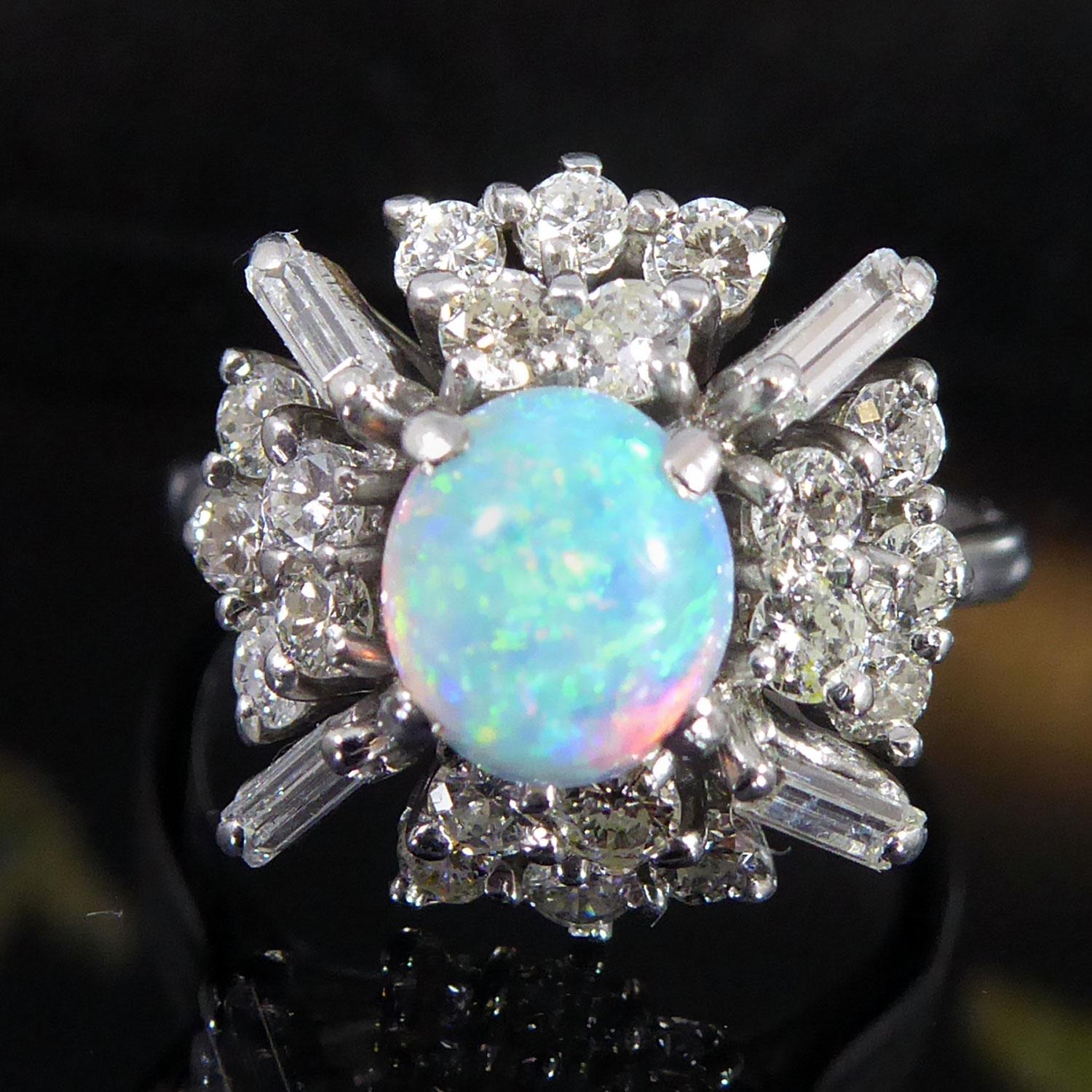 Vintage 0.64 Carat Opal and Diamond Cluster Ring, White Gold, Mid-20th Century 1