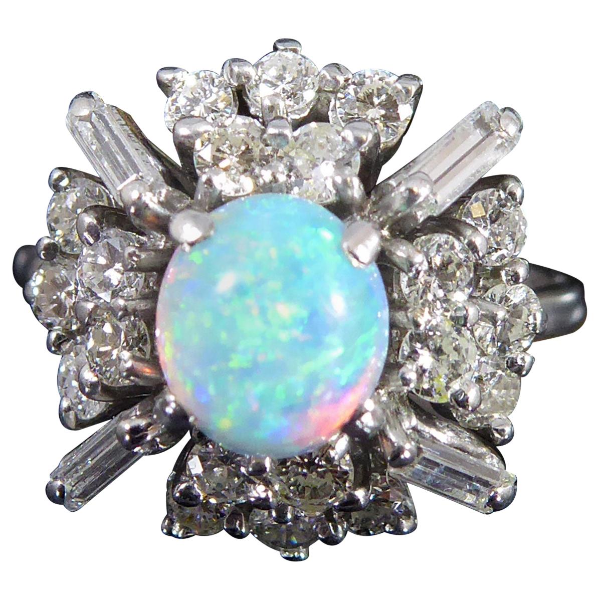 Vintage 0.64 Carat Opal and Diamond Cluster Ring, White Gold, Mid-20th Century