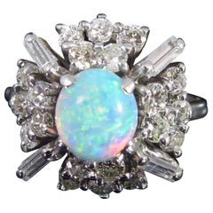 Vintage 0.64 Carat Opal and Diamond Cluster Ring, White Gold, Mid-20th Century
