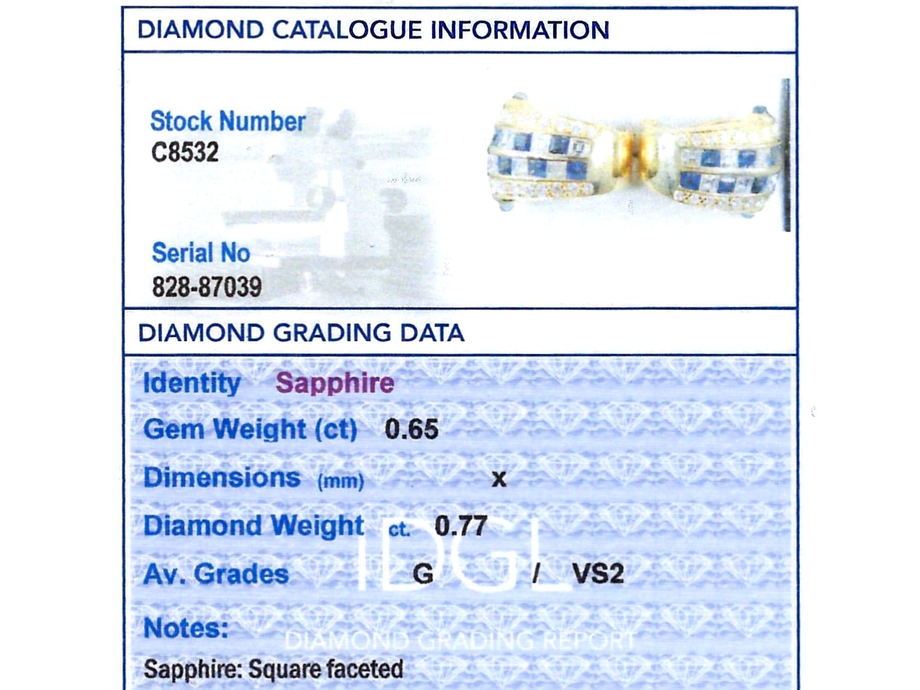 Vintage 0.65Ct Sapphire and 0.77Ct Diamond, 18k Yellow Gold Earrings 1988 For Sale 5