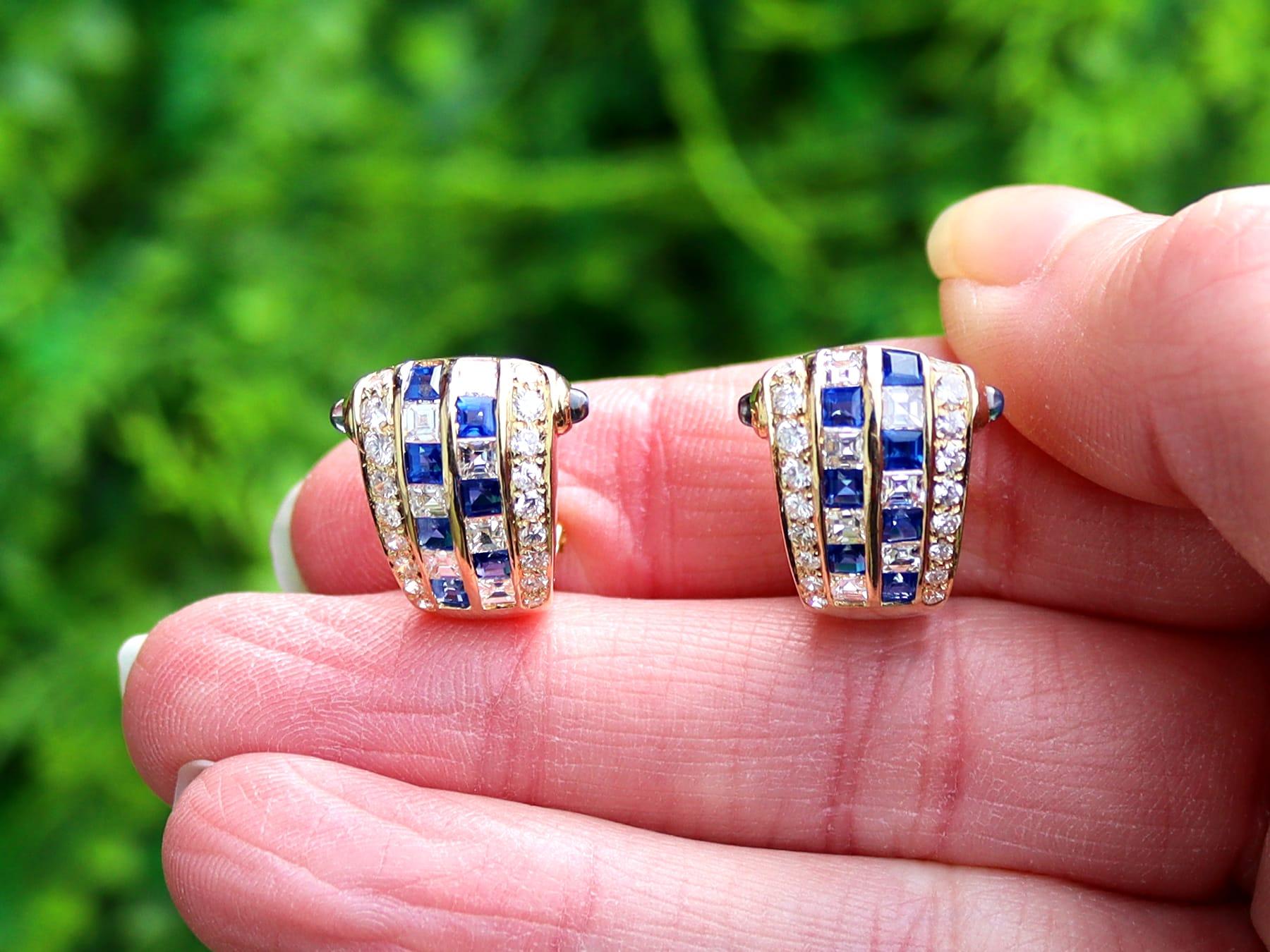 A fine and impressive pair of vintage 0.65 carat sapphire and 0.77 carat diamond, 18 karat yellow gold earrings; part of our diverse collection of vintage sapphire earrings.

These fine and impressive vintage earrings have been crafted in 18k yellow