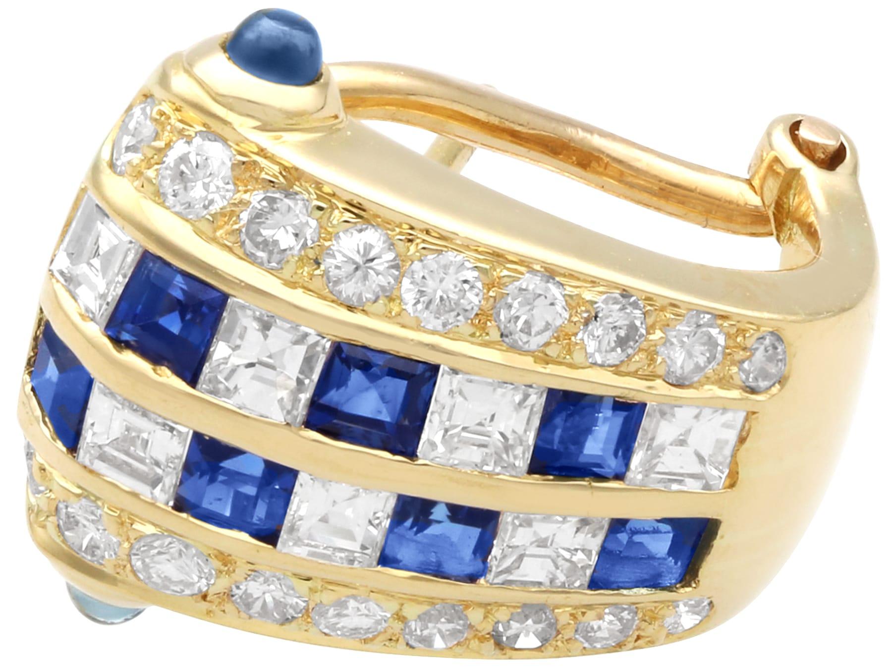 Square Cut Vintage 0.65Ct Sapphire and 0.77Ct Diamond, 18k Yellow Gold Earrings For Sale