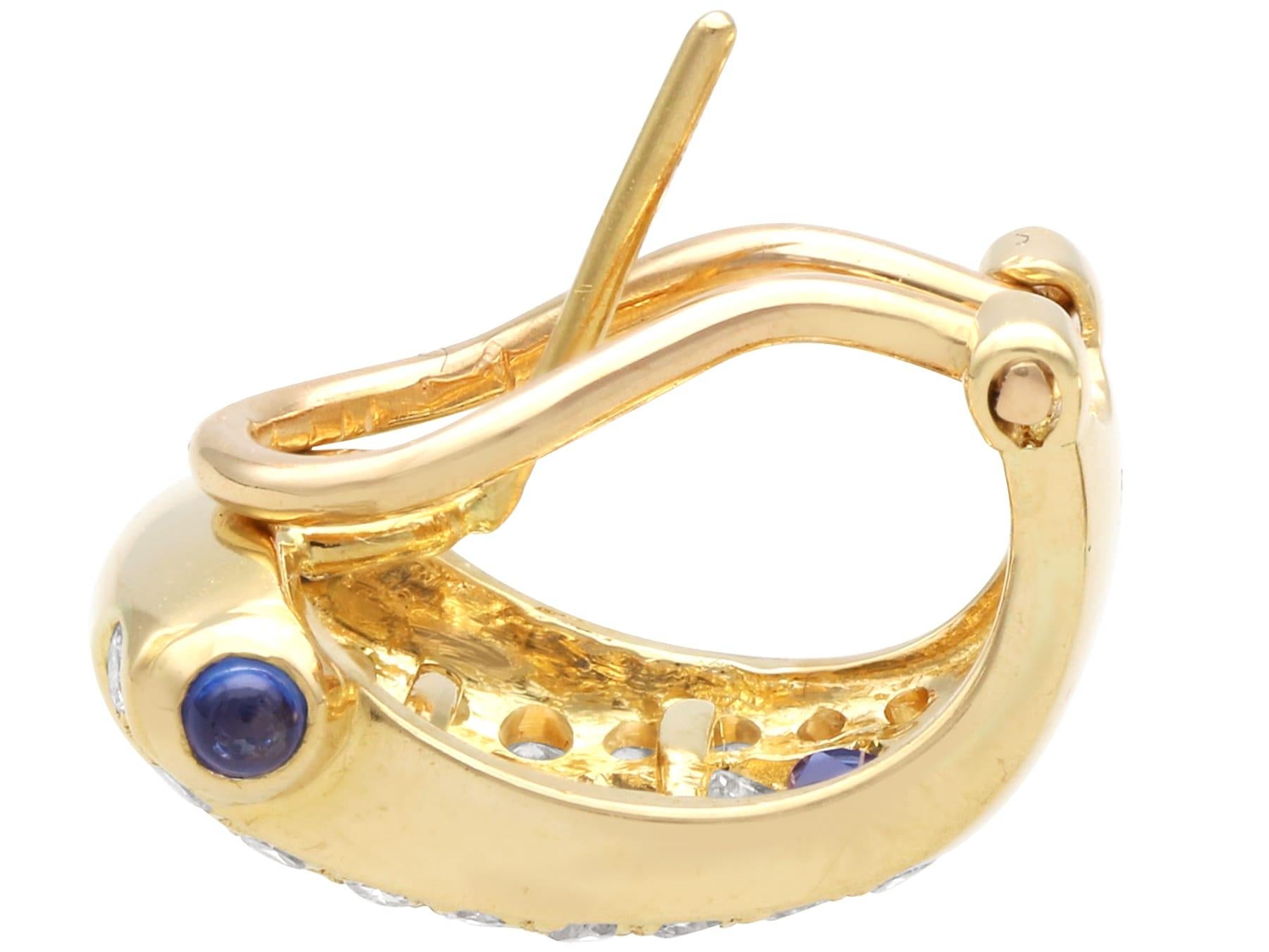 Women's or Men's Vintage 0.65Ct Sapphire and 0.77Ct Diamond, 18k Yellow Gold Earrings 1988 For Sale