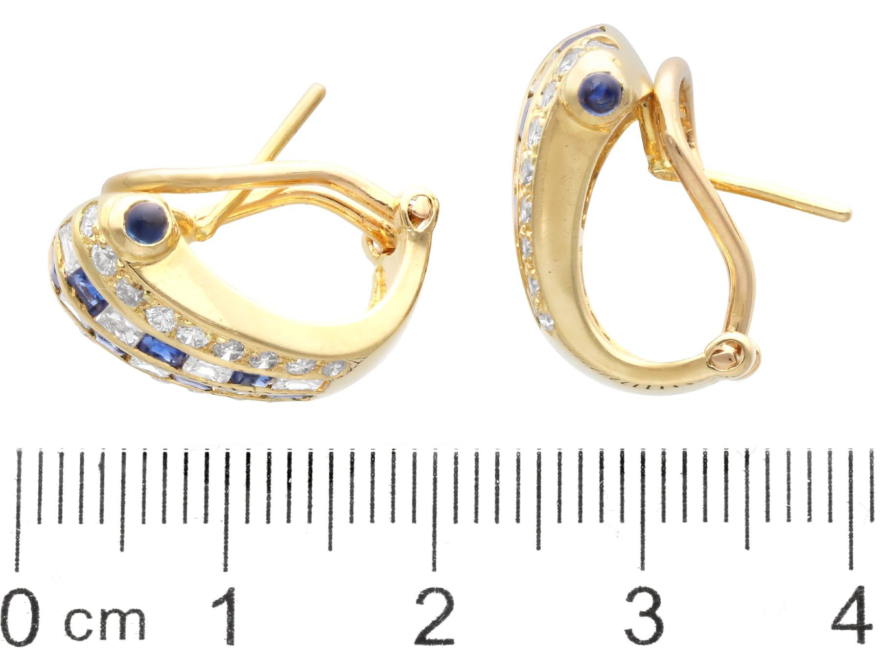 Vintage 0.65Ct Sapphire and 0.77Ct Diamond, 18k Yellow Gold Earrings 1988 For Sale 2