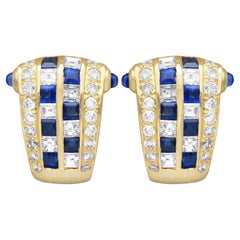 Retro 0.65Ct Sapphire and 0.77Ct Diamond, 18k Yellow Gold Earrings 1988