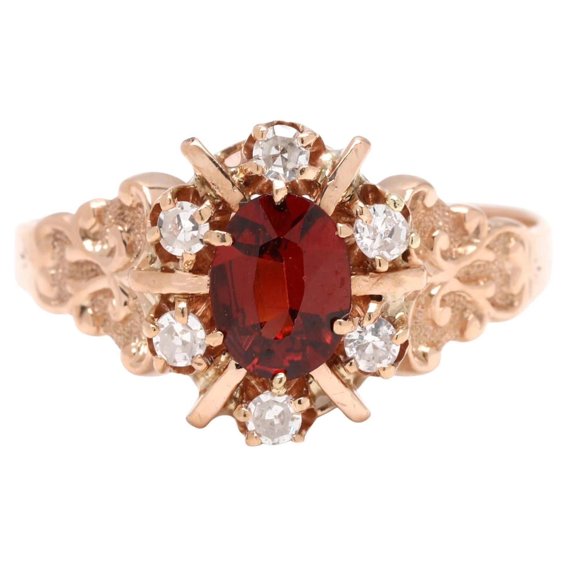 Anello vintage con diamante e granato da 0,65 carati, oro giallo 10k, misura 6,5