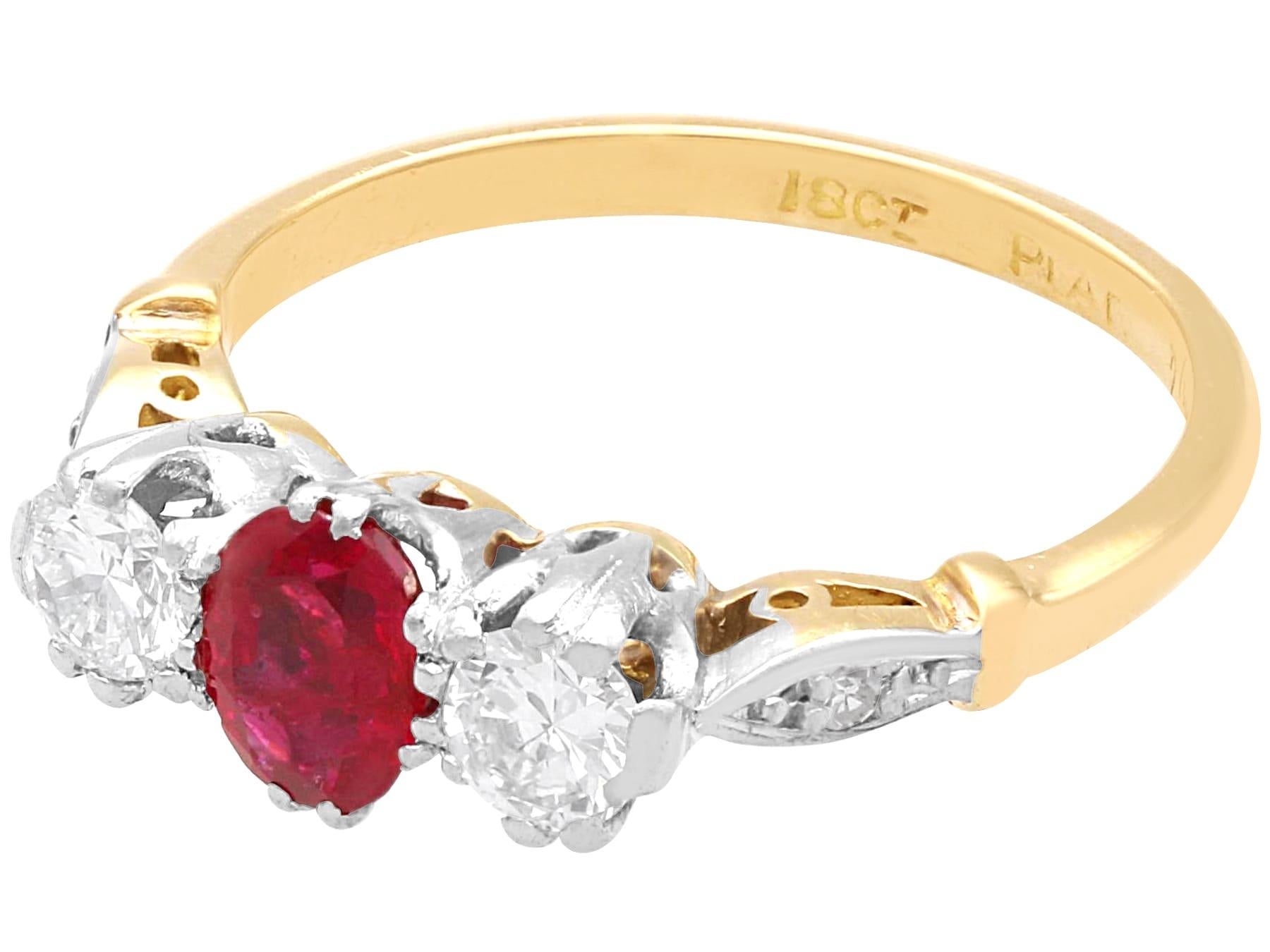 Oval Cut Vintage 0.66 Carat Ruby and 0.40 Carat Diamond Yellow Gold Trilogy Ring For Sale