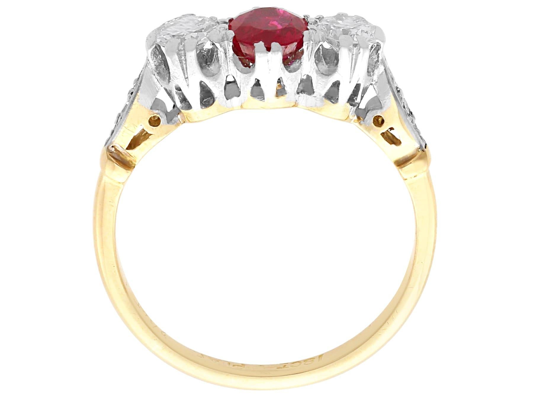Women's or Men's Vintage 0.66 Carat Ruby and 0.40 Carat Diamond Yellow Gold Trilogy Ring For Sale