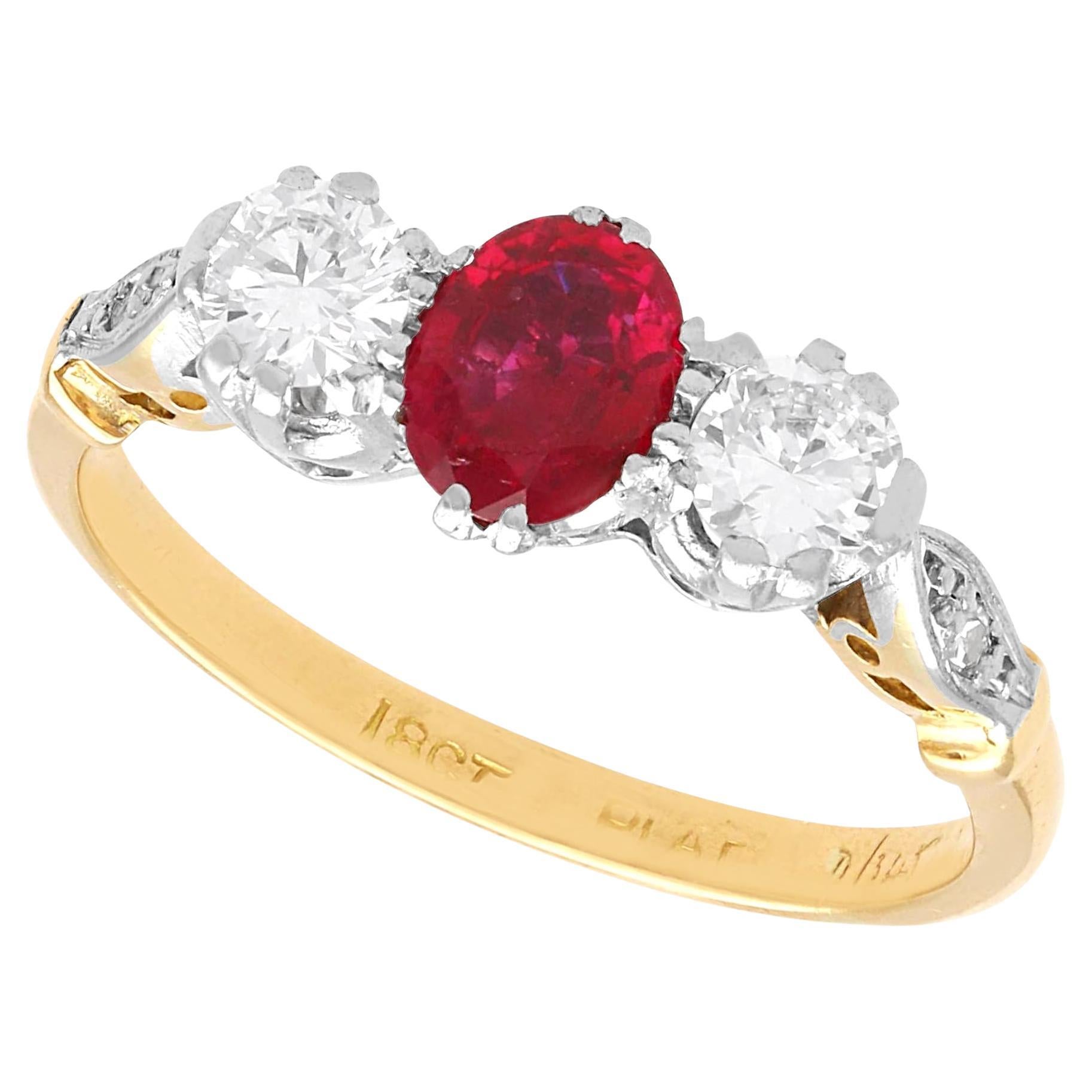 Vintage 0.66 Carat Ruby and 0.40 Carat Diamond Yellow Gold Trilogy Ring For Sale