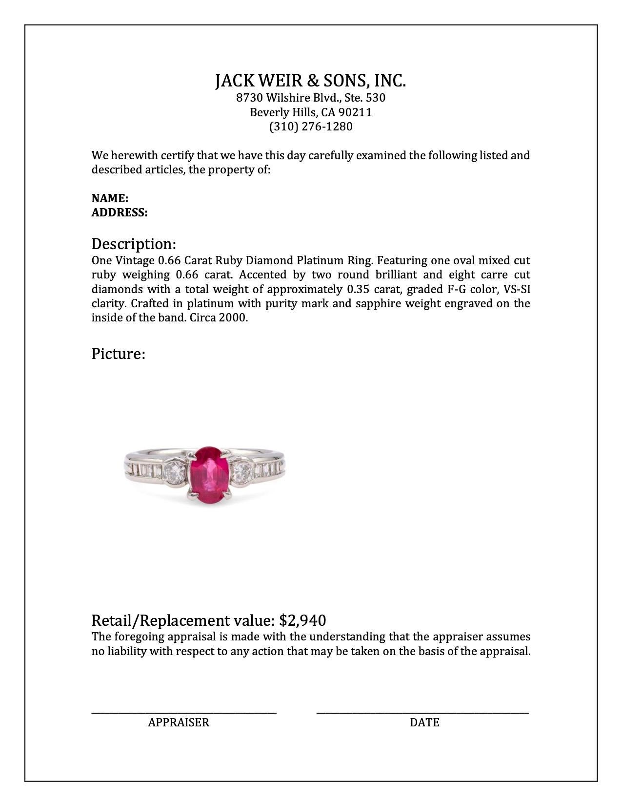 Women's or Men's Vintage 0.66 Carat Ruby Diamond Platinum Ring For Sale