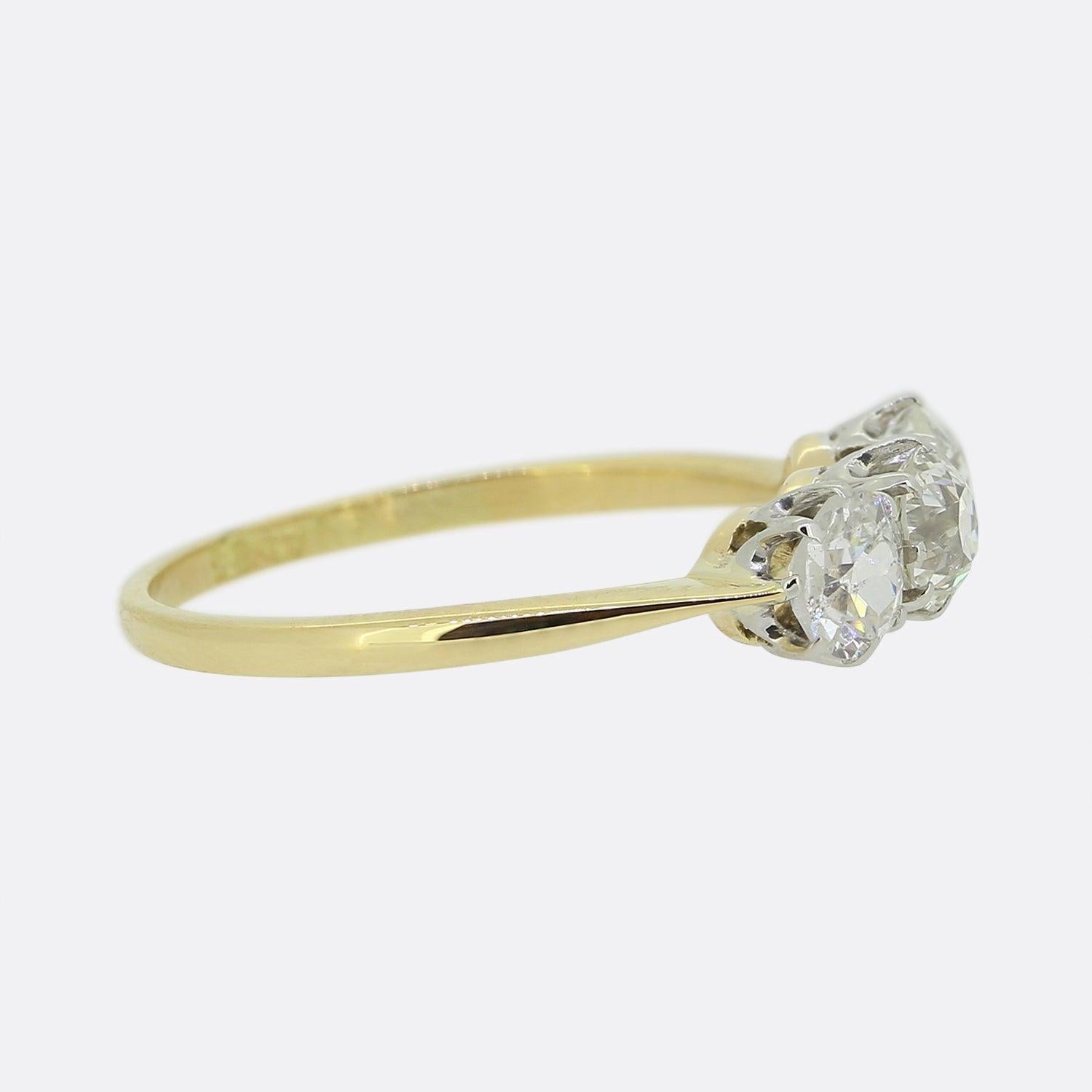 Old Mine Cut Vintage 0.66 Carat Three-Stone Diamond Ring For Sale