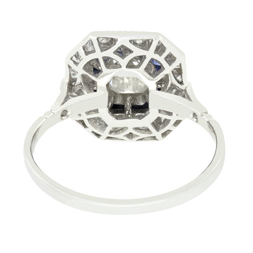 Emerald Cut Vintage 0.70ct Diamond and Sapphire Target Ring, c.1960s For Sale