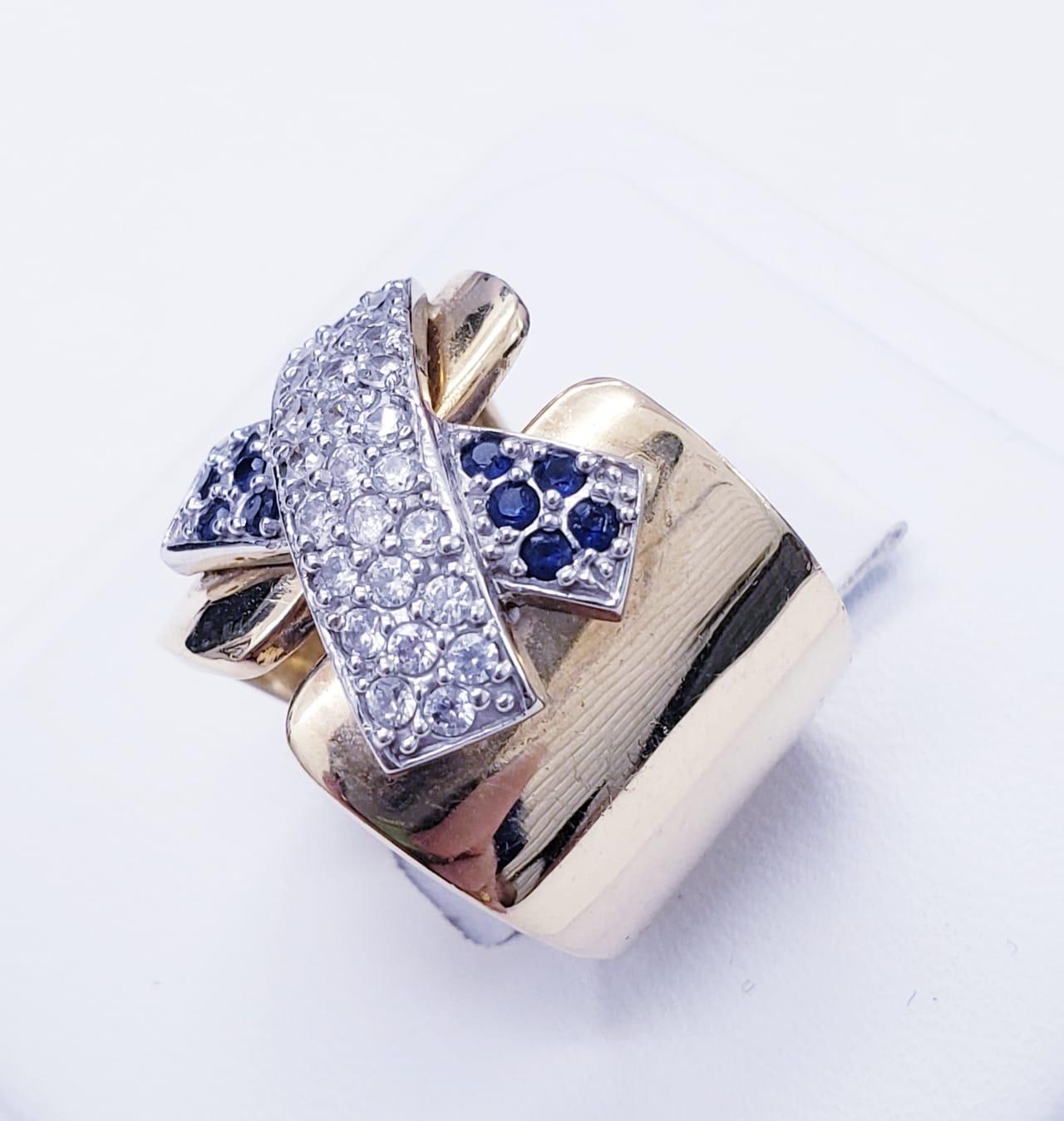 Round Cut Vintage Diamonds & Blue Sapphires Ring 18k Gold For Sale