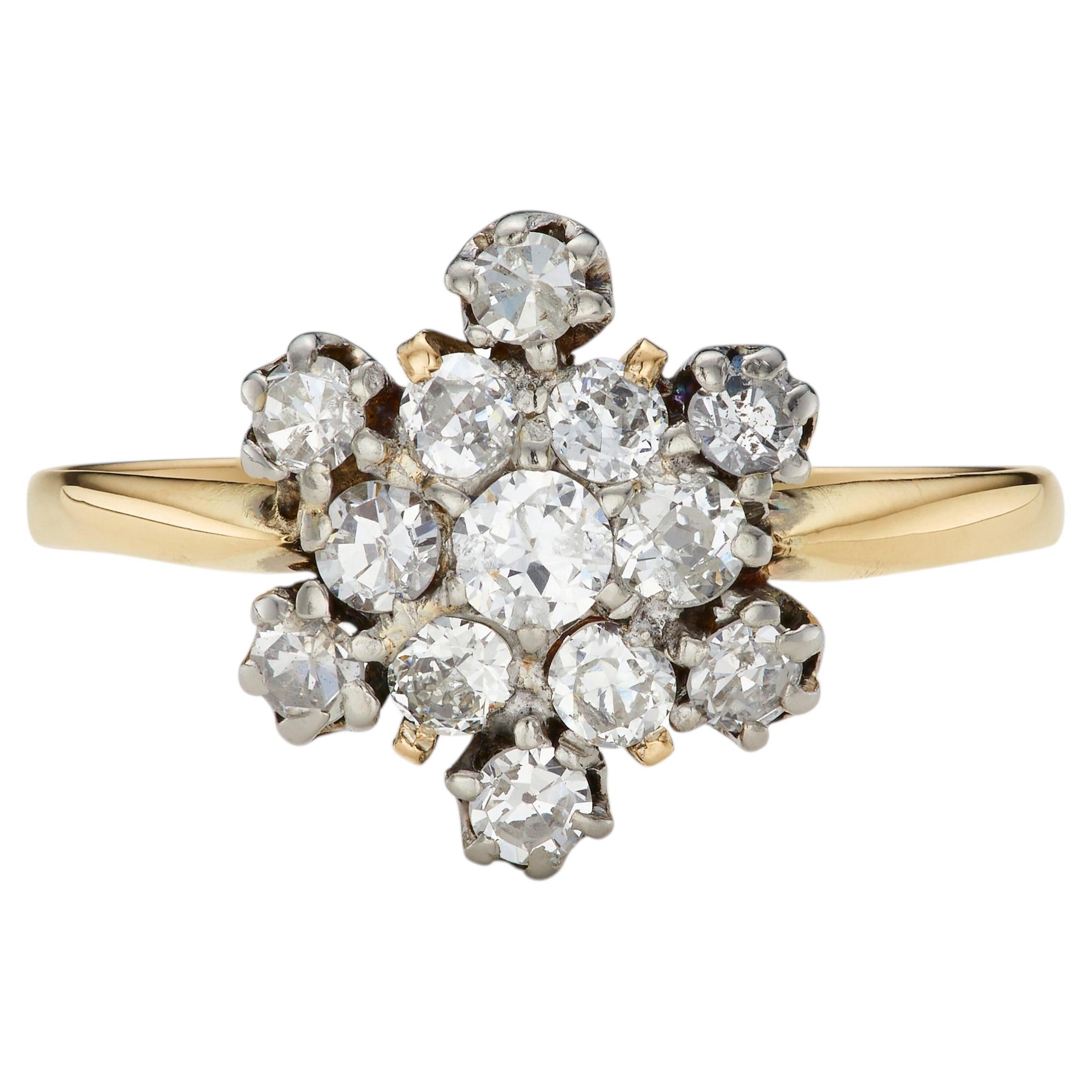 Vintage 0.70ct Old Cut Diamond 18K Yellow and White Gold Cluster Ring