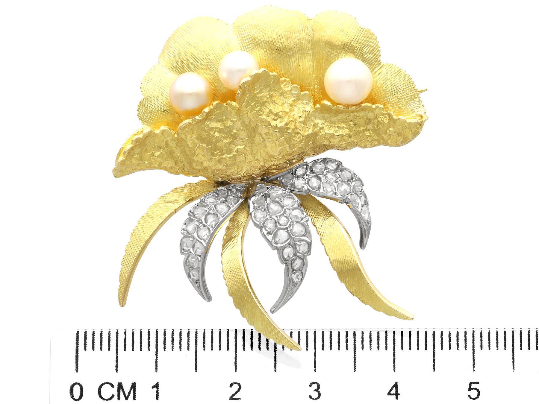 Rose Cut Vintage 0.75 Carat Diamond and Cultured Pearl Yellow Oyster Shell Brooch For Sale