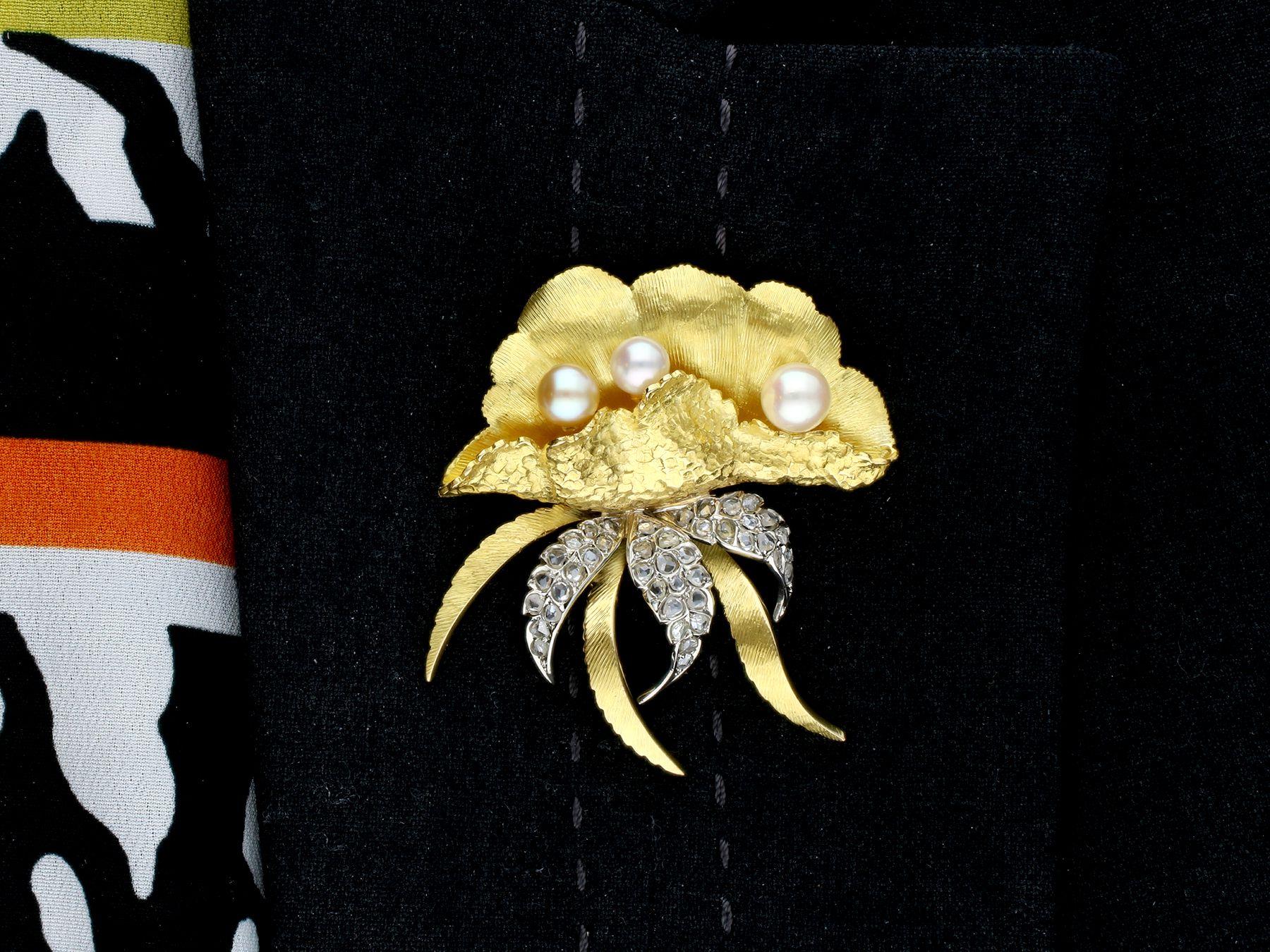 Women's or Men's Vintage 0.75 Carat Diamond and Cultured Pearl Yellow Oyster Shell Brooch For Sale