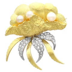 Vintage 0.75 Carat Diamond and Cultured Pearl Yellow Oyster Shell Brooch