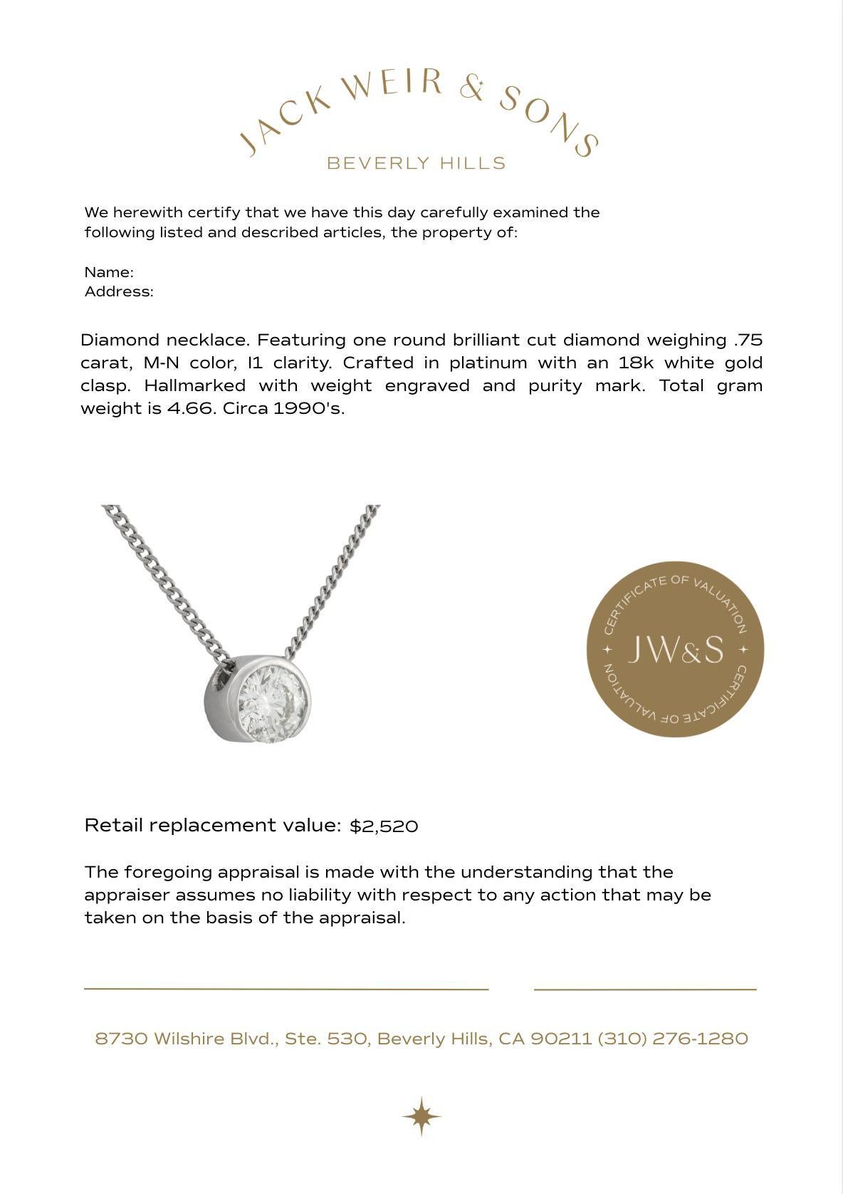 Brilliant Cut Vintage 0.75 carat diamond platinum necklace For Sale