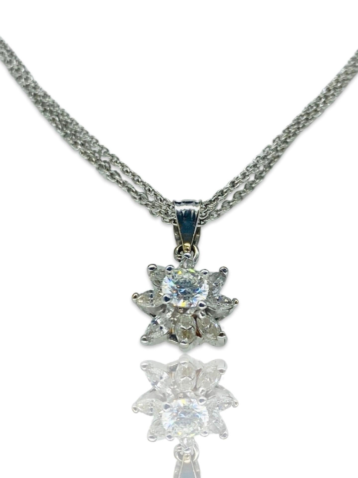 Women's Vintage 0.75 Carat Diamonds Marquise Leaf Floral Pendant Necklace 18k White Gold For Sale