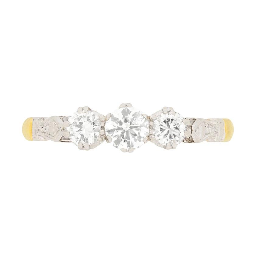Vintage 0.75 Carat Diamond Three-Stone Engagement Ring, circa 1940s For Sale