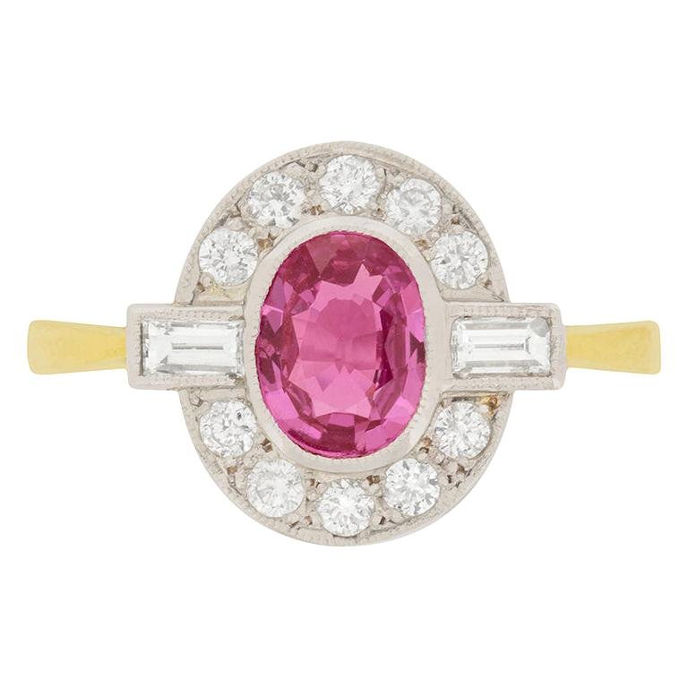 Ring mit 0,75 Karat rosa Saphir und Diamant, ca. 1950er Jahre