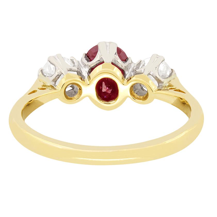 Vintage 0.75ct Ruby and Diamond Trilogy Ring, c.1977 In Good Condition For Sale In London, GB