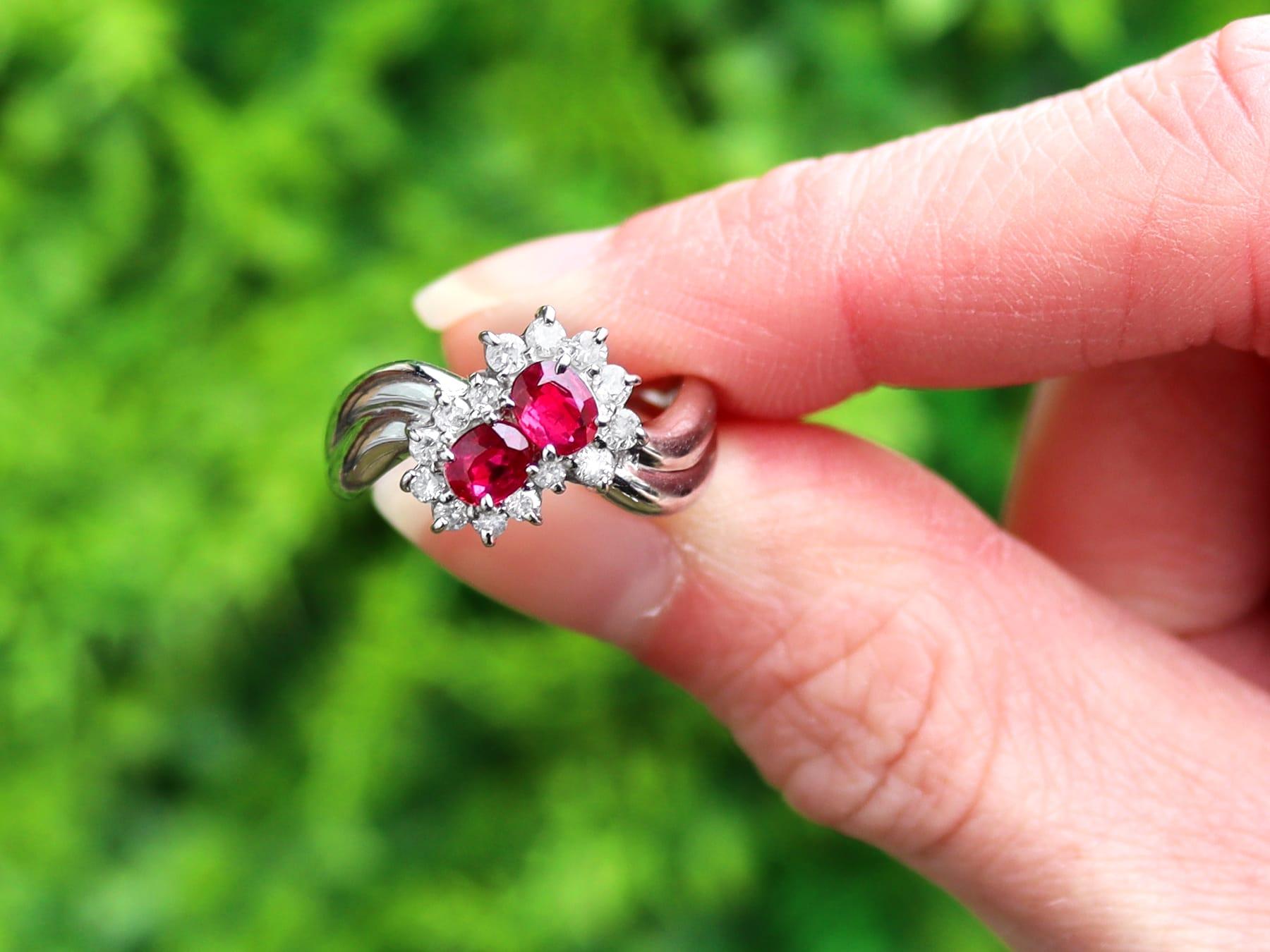 A fine and impressive vintage 0.76 carat ruby and 0.32 carat diamond, platinum cluster ring; part of our vintage jewelry and estate jewelry collections.

This fine and impressive vintage ruby and diamond ring has been crafted in platinum.

The