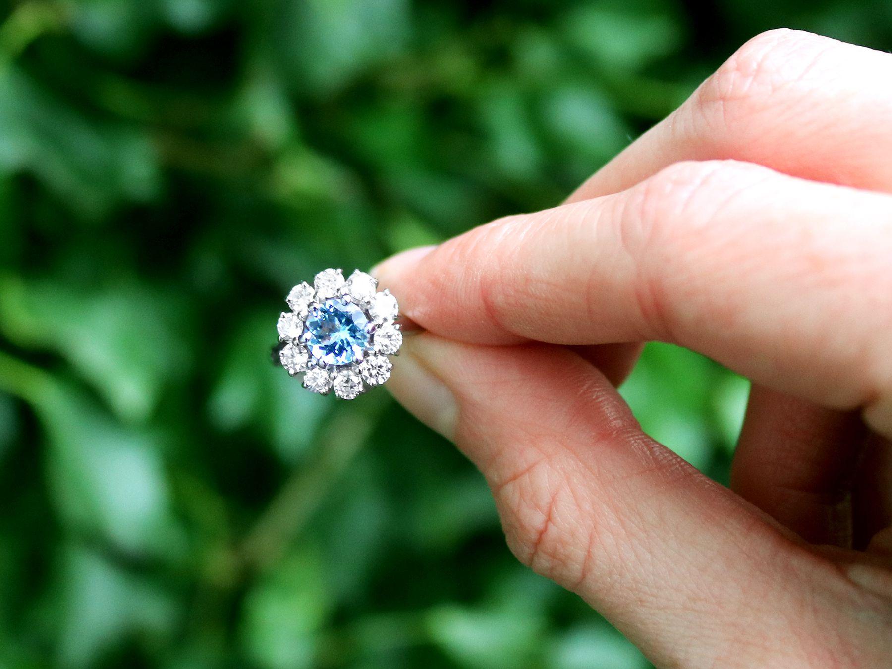 A fine and impressive 0.77 carat aquamarine and 0.75 carat diamond, 18 karat white gold dress ring; part of our diverse collection of vintage jewelry and estate jewelry.

This stunning, fine and impressive vintage aquamarine ring has been crafted in