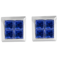 Vintage 0.80 Carat Princess Cut Blue Sapphire Stud Earrings in 14 Karat Gold