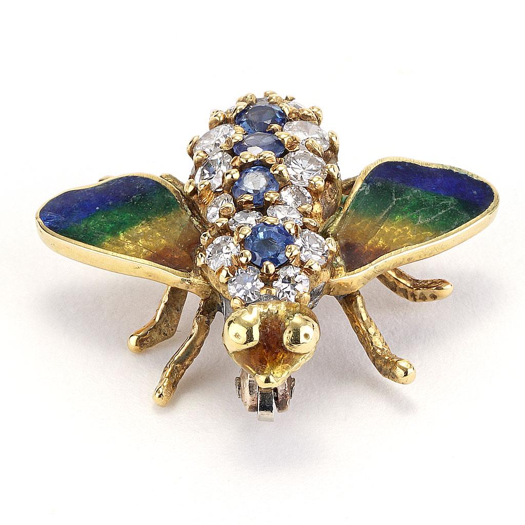 Art Nouveau Vintage 0.80 cttw Sapphire And Diamond Bee Pin In 18k Yellow Gold & Enamel Wings For Sale
