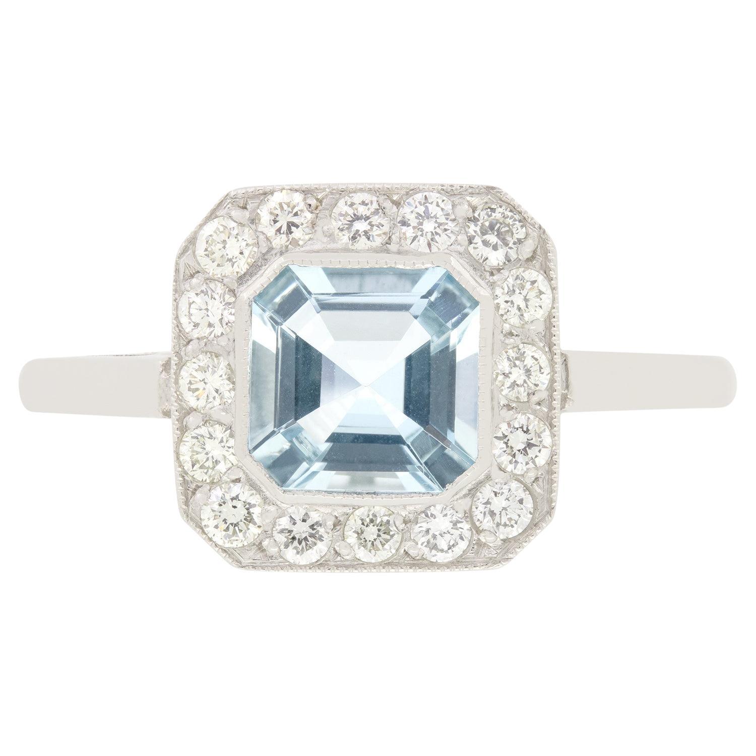 Vintage 0.80ct Aquamarine and Diamond Cluster Ring, c.1960s