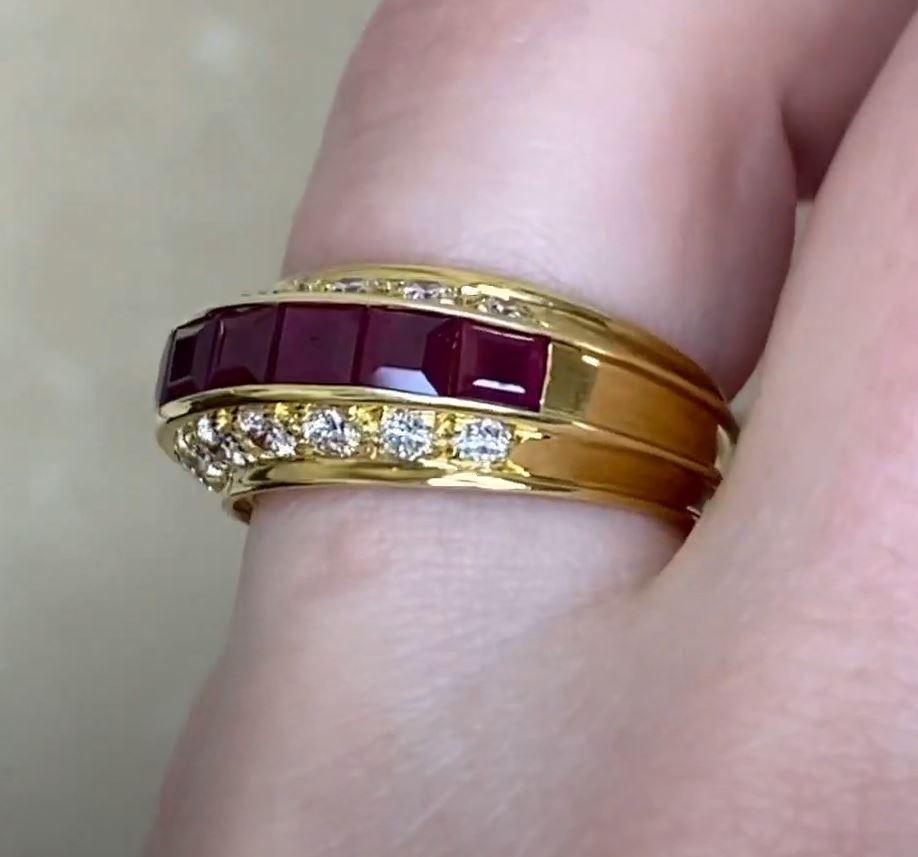 This exquisite vintage ruby and diamond ring showcases a row of eight vibrant carré-cut rubies, with a total approximate weight of approx. 0.8-carats. The rich, deep red hue of the rubies is beautifully complemented by the eight round brilliant-cut