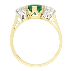Vintage 0.80ct Emerald and Diamond Three Stone Ring, hallmarked 1986