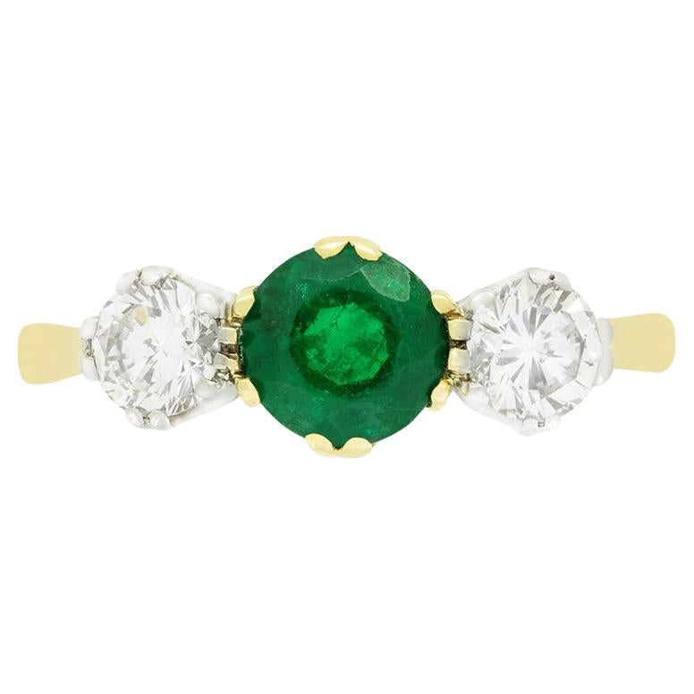 Vintage 0.80ct Emerald and Diamond Three Stone Ring, hallmarked 1986 For Sale