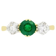 Vintage 0.80ct Emerald and Diamond Three Stone Ring, hallmarked 1986