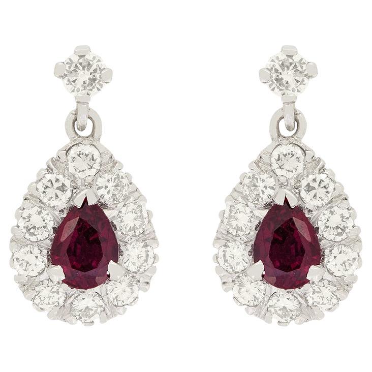 Boucles d'oreilles pendantes vintage en rubis et diamants 0,80 carat, c.1970