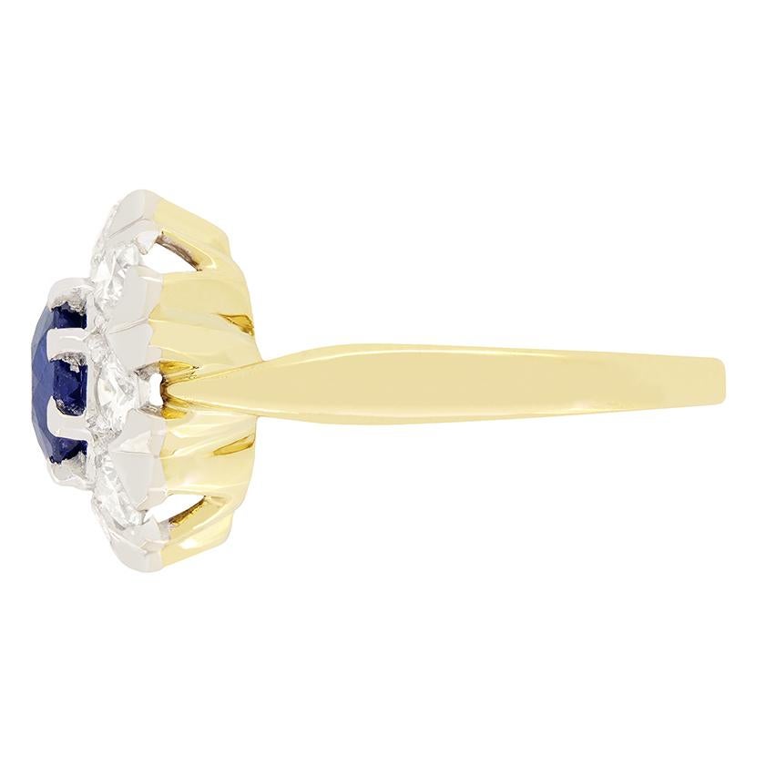 Old Mine Cut Vintage 0.80ct Sapphire and Diamond Cluster Ring, c.1950s For Sale