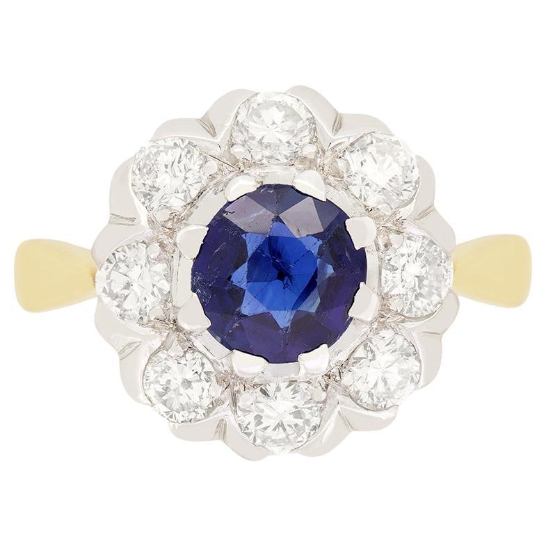 Vintage 0.80ct Sapphire and Diamond Cluster Ring, c.1950s For Sale